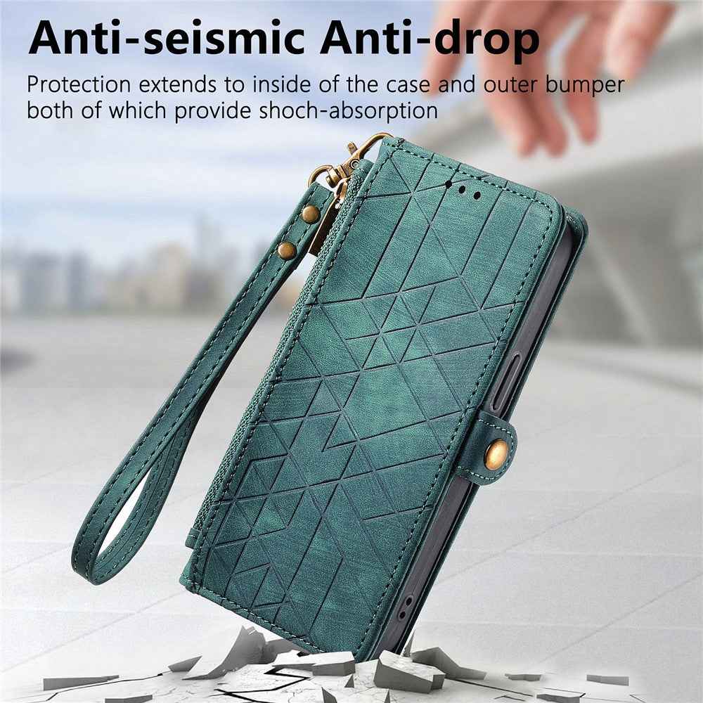 For Xiaomi 17 Pro Case Zipper Wallet Geometry Lines Leather Phone Cover with Strap - Green