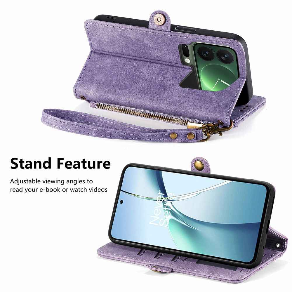 For Xiaomi 17 Pro Case Zipper Wallet Geometry Lines Leather Phone Cover with Strap - Light Purple