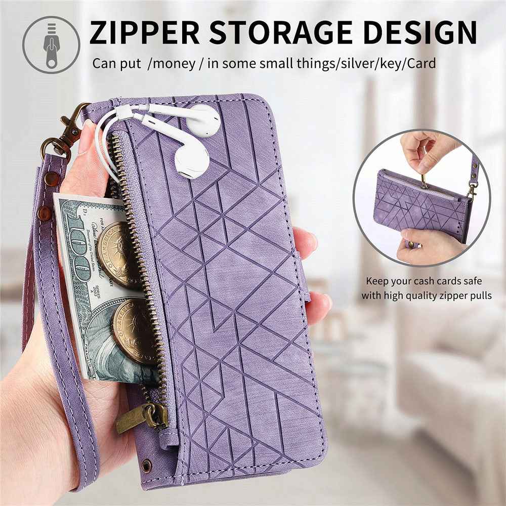 For Xiaomi 17 Pro Case Zipper Wallet Geometry Lines Leather Phone Cover with Strap - Light Purple