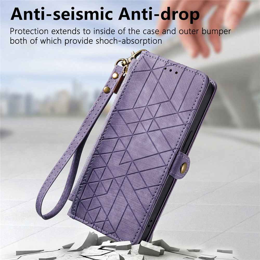 For Xiaomi 17 Pro Case Zipper Wallet Geometry Lines Leather Phone Cover with Strap - Light Purple