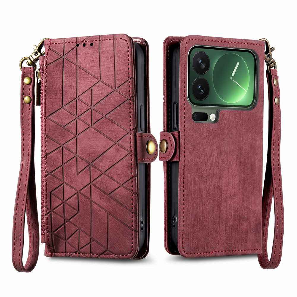 For Xiaomi 17 Pro Case Zipper Wallet Geometry Lines Leather Phone Cover with Strap - Red