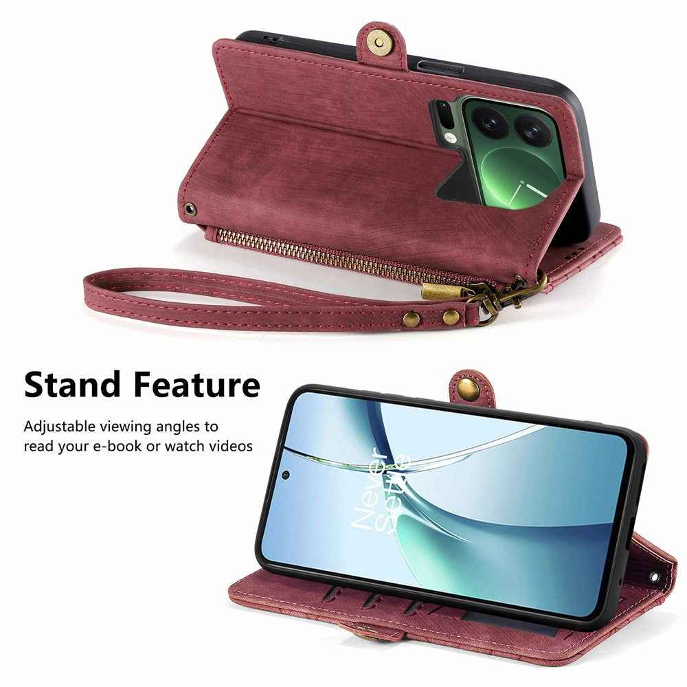 For Xiaomi 17 Pro Case Zipper Wallet Geometry Lines Leather Phone Cover with Strap - Red