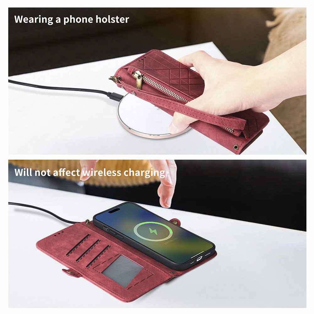 For Xiaomi 17 Pro Case Zipper Wallet Geometry Lines Leather Phone Cover with Strap - Red
