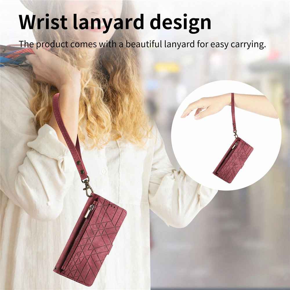 For Xiaomi 17 Pro Case Zipper Wallet Geometry Lines Leather Phone Cover with Strap - Red