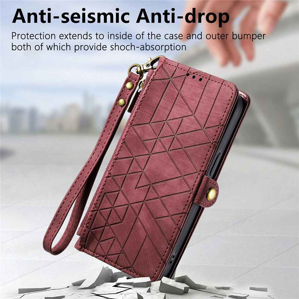 For Xiaomi 17 Pro Case Zipper Wallet Geometry Lines Leather Phone Cover with Strap - Red