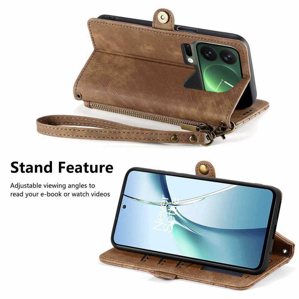 For Xiaomi 17 Pro Case Zipper Wallet Geometry Lines Leather Phone Cover with Strap - Brown