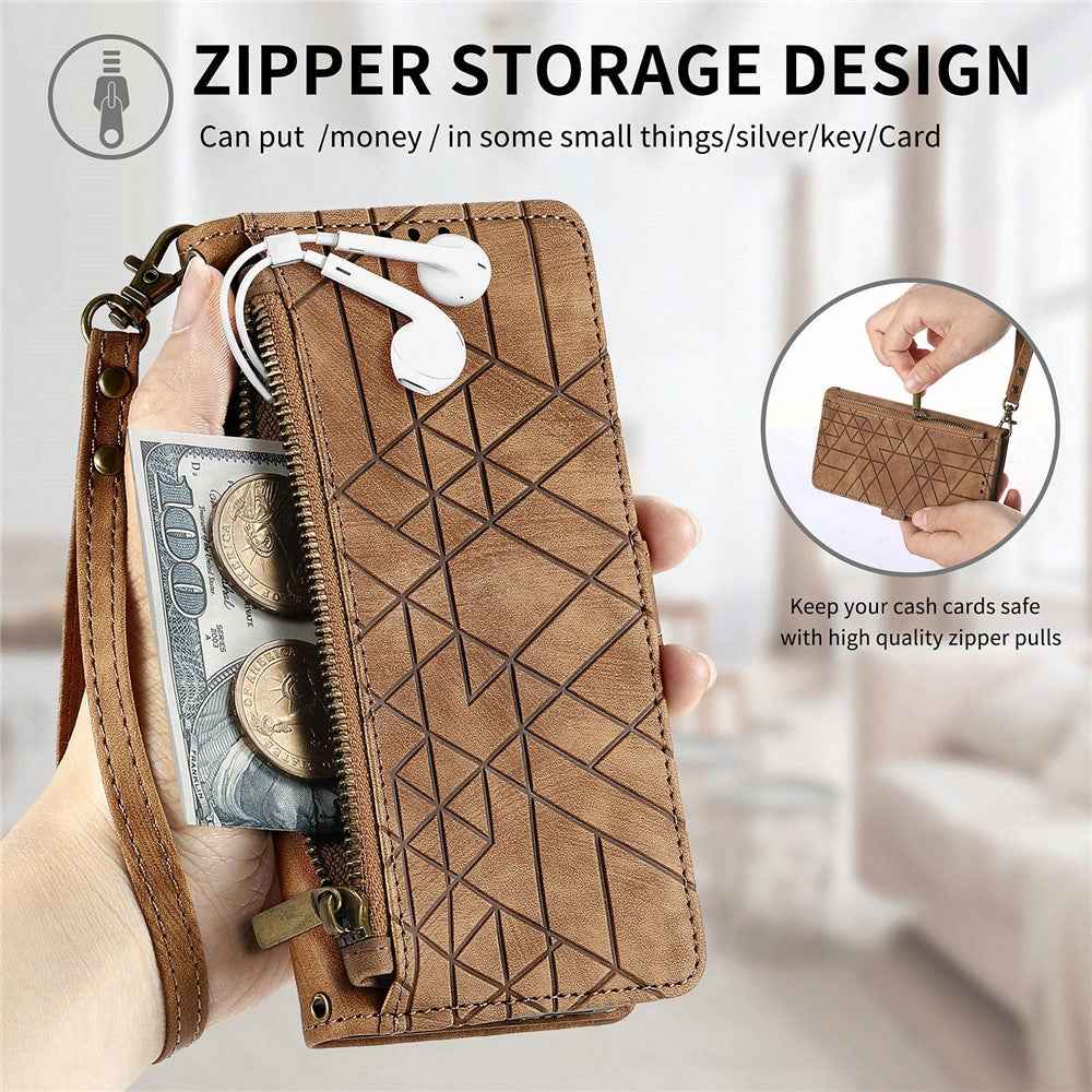 For Xiaomi 17 Pro Case Zipper Wallet Geometry Lines Leather Phone Cover with Strap - Brown