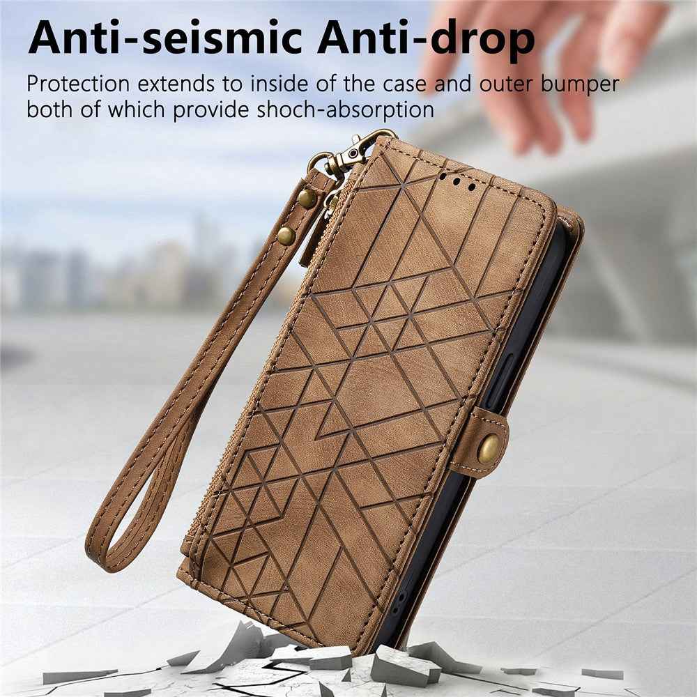 For Xiaomi 17 Pro Case Zipper Wallet Geometry Lines Leather Phone Cover with Strap - Brown