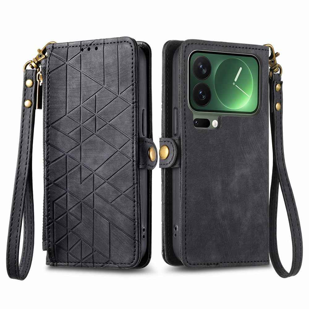 For Xiaomi 17 Pro Case Zipper Wallet Geometry Lines Leather Phone Cover with Strap - Black