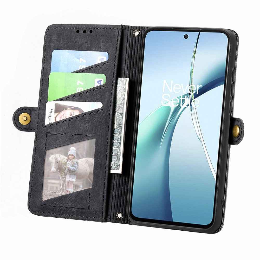 For Xiaomi 17 Pro Case Zipper Wallet Geometry Lines Leather Phone Cover with Strap - Black