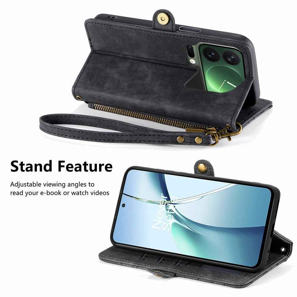 For Xiaomi 17 Pro Case Zipper Wallet Geometry Lines Leather Phone Cover with Strap - Black