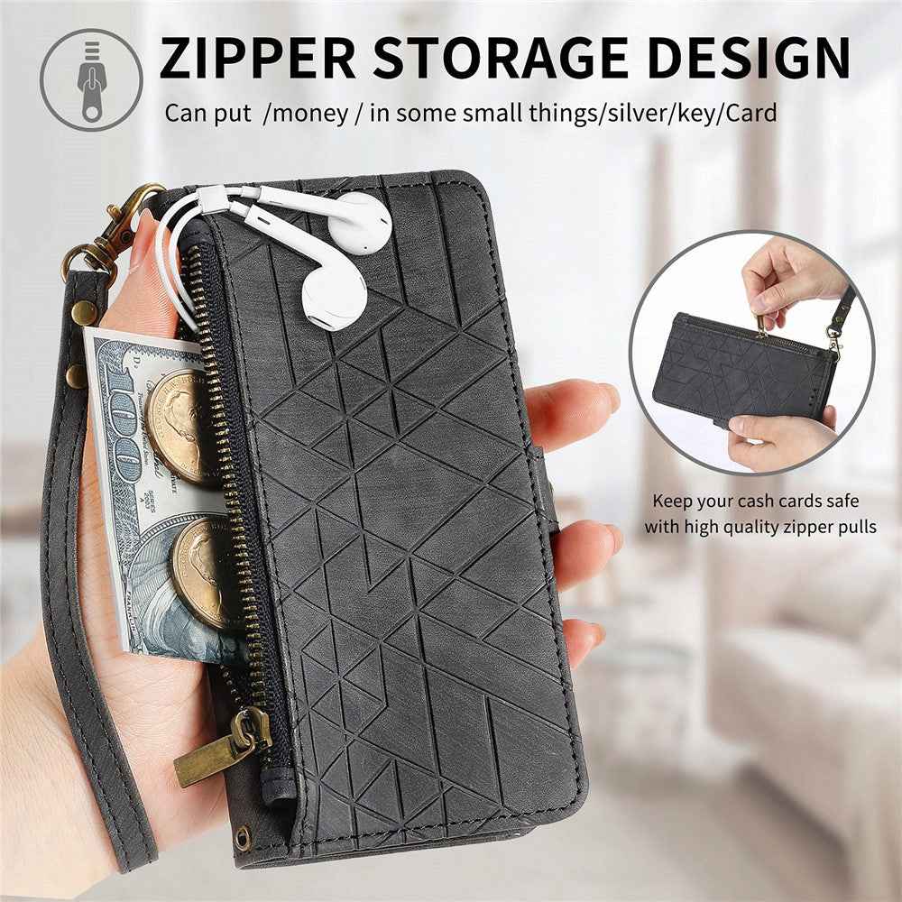 For Xiaomi 17 Pro Case Zipper Wallet Geometry Lines Leather Phone Cover with Strap - Black