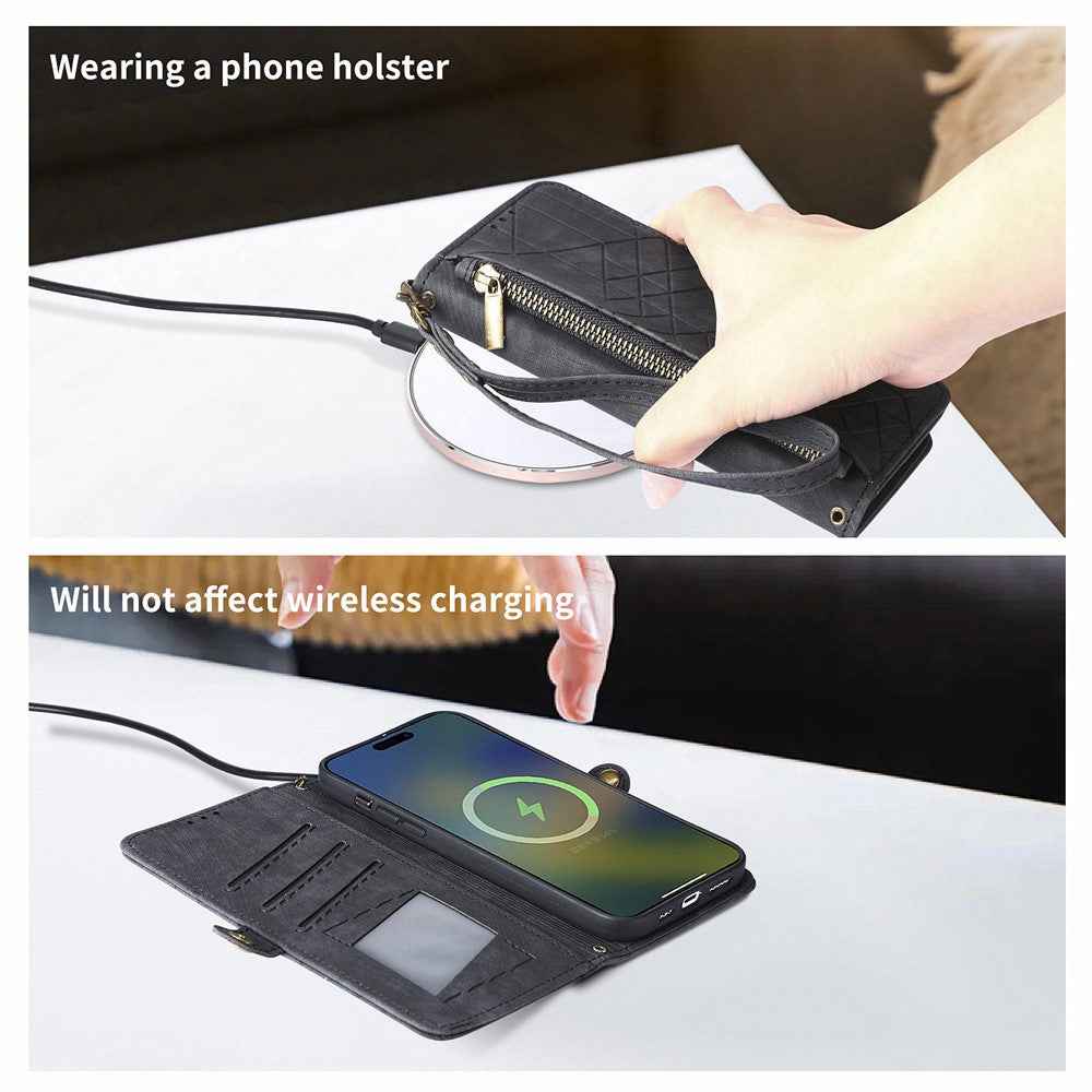 For Xiaomi 17 Pro Case Zipper Wallet Geometry Lines Leather Phone Cover with Strap - Black