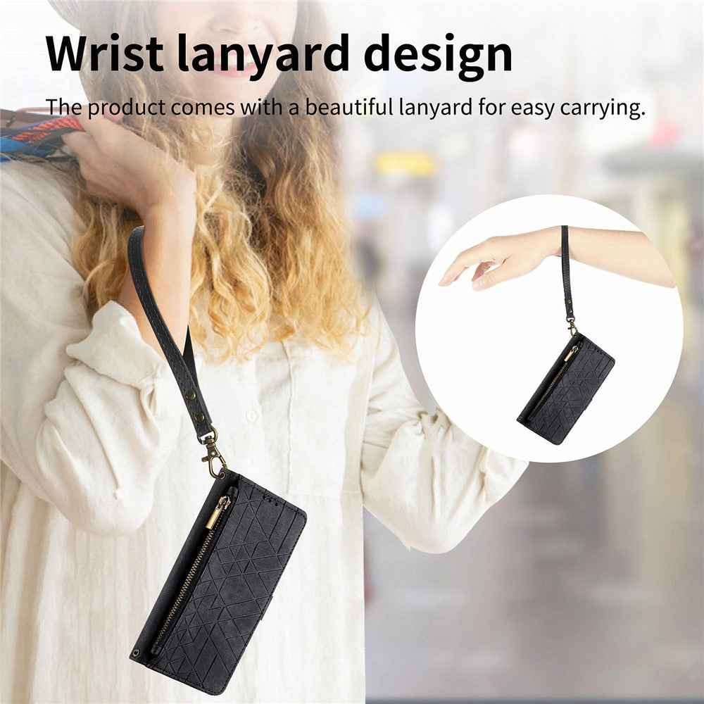 For Xiaomi 17 Pro Case Zipper Wallet Geometry Lines Leather Phone Cover with Strap - Black