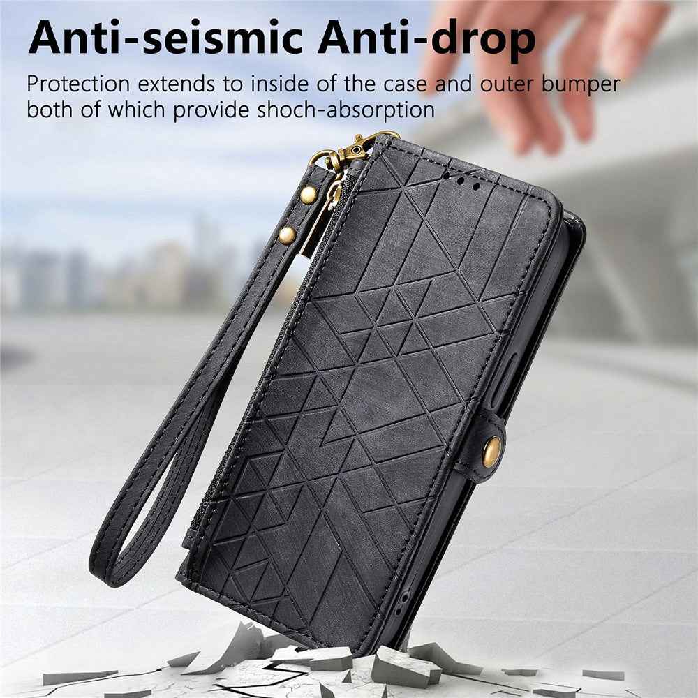 For Xiaomi 17 Pro Case Zipper Wallet Geometry Lines Leather Phone Cover with Strap - Black