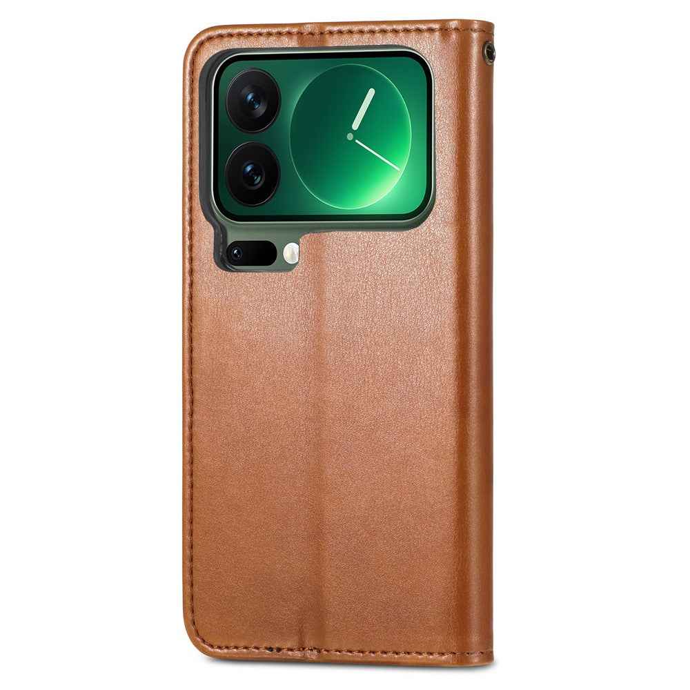 For Xiaomi 17 Pro Case Wallet Stand Leather Phone Cover with Wrist Strap - Brown