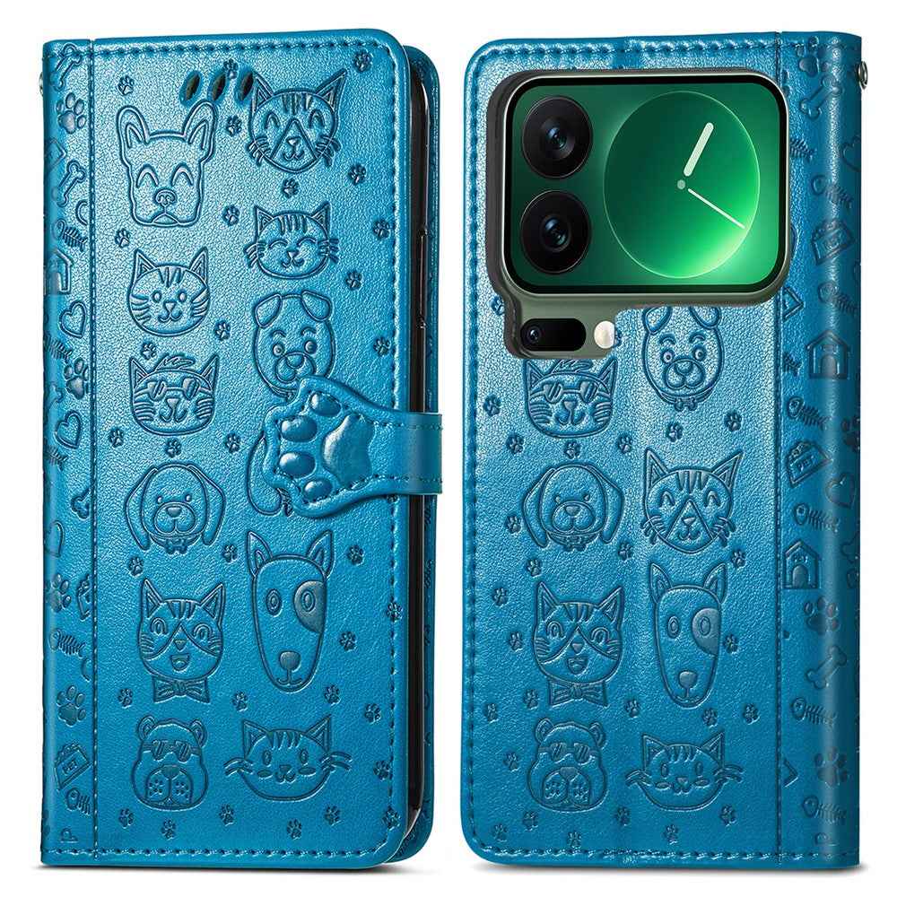 For Xiaomi 17 Pro Case Flip Wallet Leather Phone Cover with Cute Cat Dog Pattern - Blue