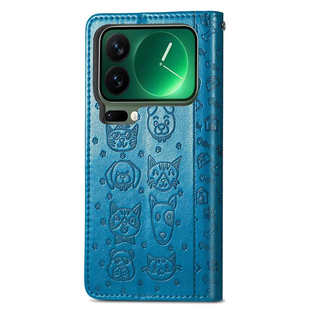 For Xiaomi 17 Pro Case Flip Wallet Leather Phone Cover with Cute Cat Dog Pattern - Blue