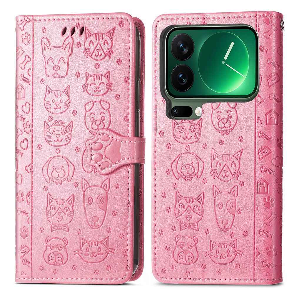 For Xiaomi 17 Pro Case Flip Wallet Leather Phone Cover with Cute Cat Dog Pattern - Pink