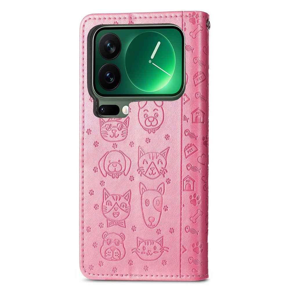 For Xiaomi 17 Pro Case Flip Wallet Leather Phone Cover with Cute Cat Dog Pattern - Pink