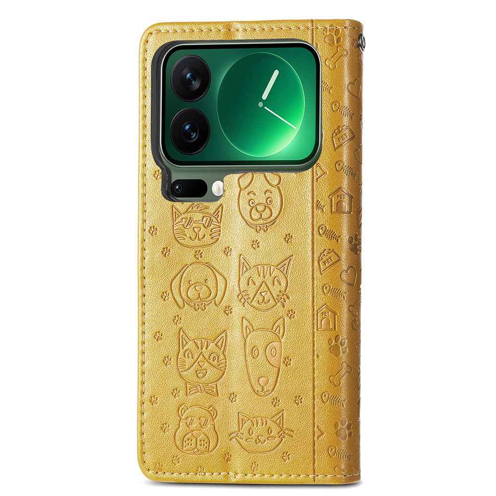 For Xiaomi 17 Pro Case Flip Wallet Leather Phone Cover with Cute Cat Dog Pattern - Yellow