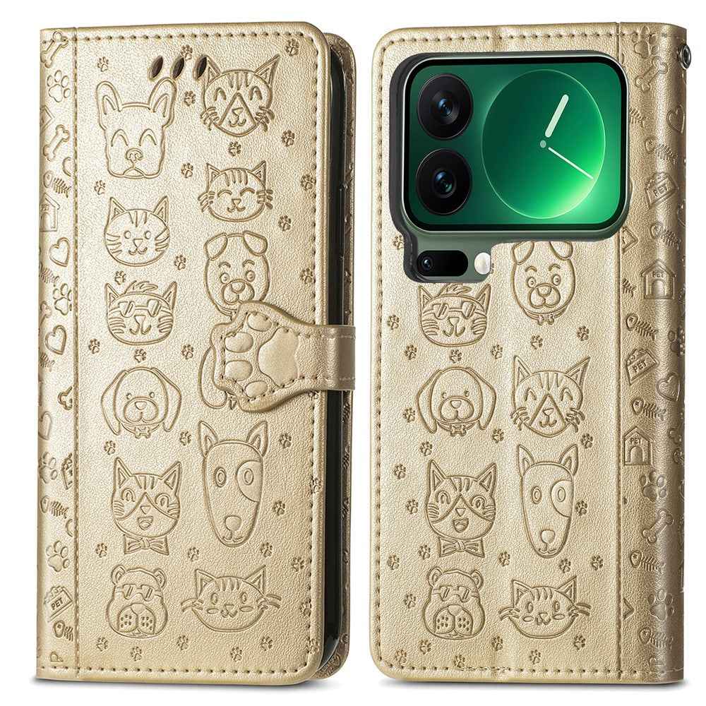 For Xiaomi 17 Pro Case Flip Wallet Leather Phone Cover with Cute Cat Dog Pattern - Gold