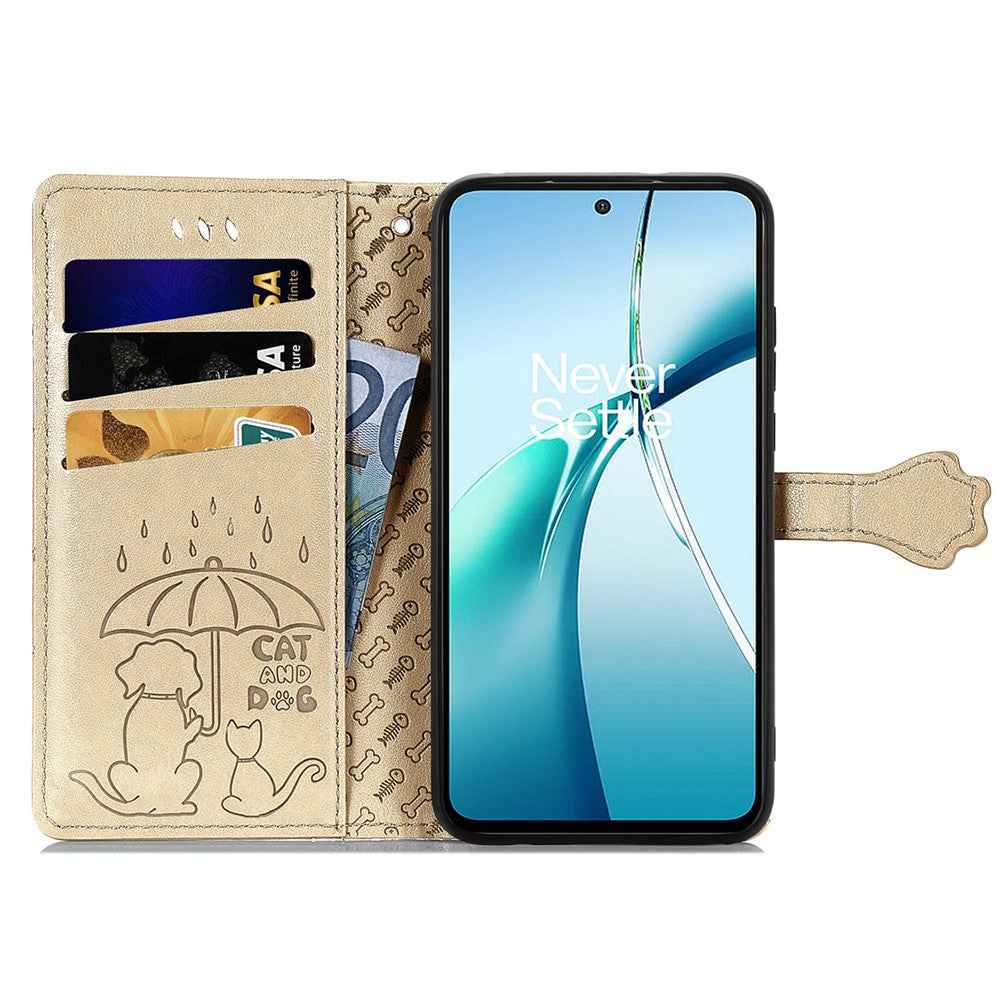 For Xiaomi 17 Pro Case Flip Wallet Leather Phone Cover with Cute Cat Dog Pattern - Gold