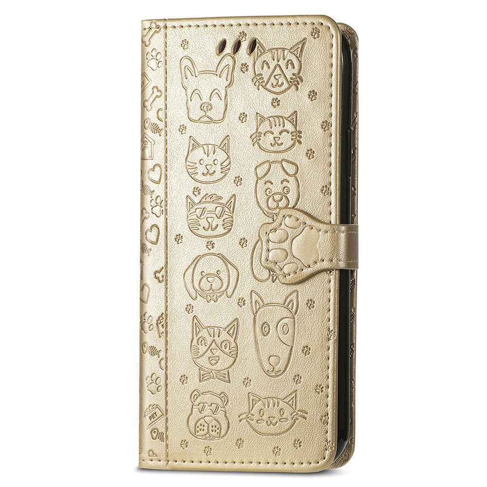 For Xiaomi 17 Pro Case Flip Wallet Leather Phone Cover with Cute Cat Dog Pattern - Gold