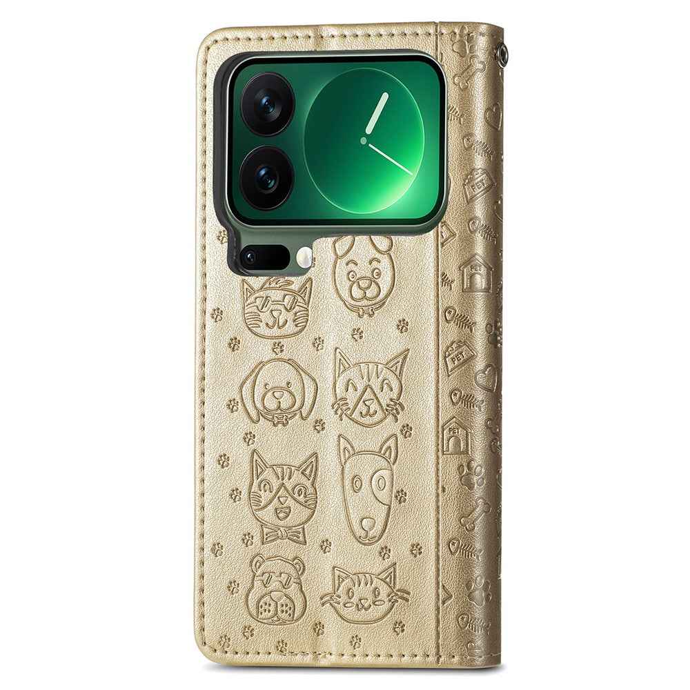 For Xiaomi 17 Pro Case Flip Wallet Leather Phone Cover with Cute Cat Dog Pattern - Gold