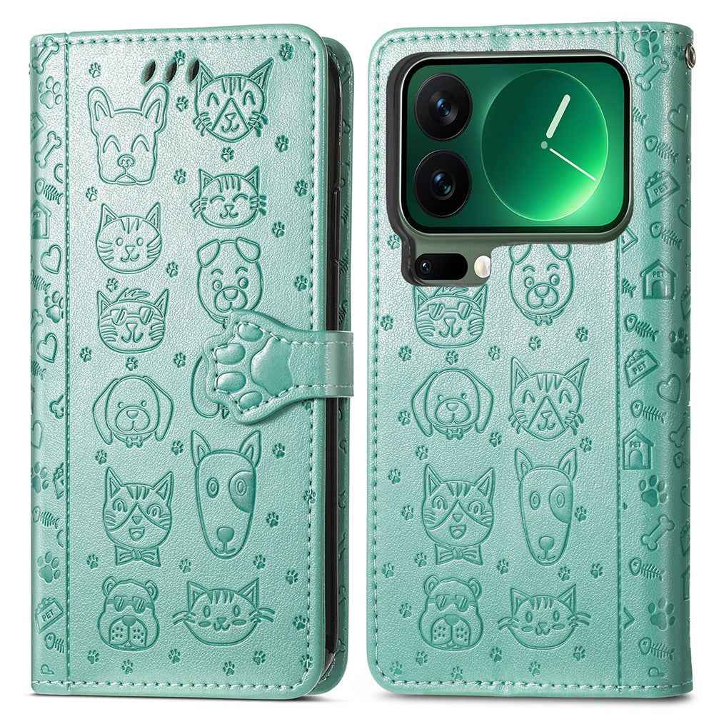 For Xiaomi 17 Pro Case Flip Wallet Leather Phone Cover with Cute Cat Dog Pattern - Green