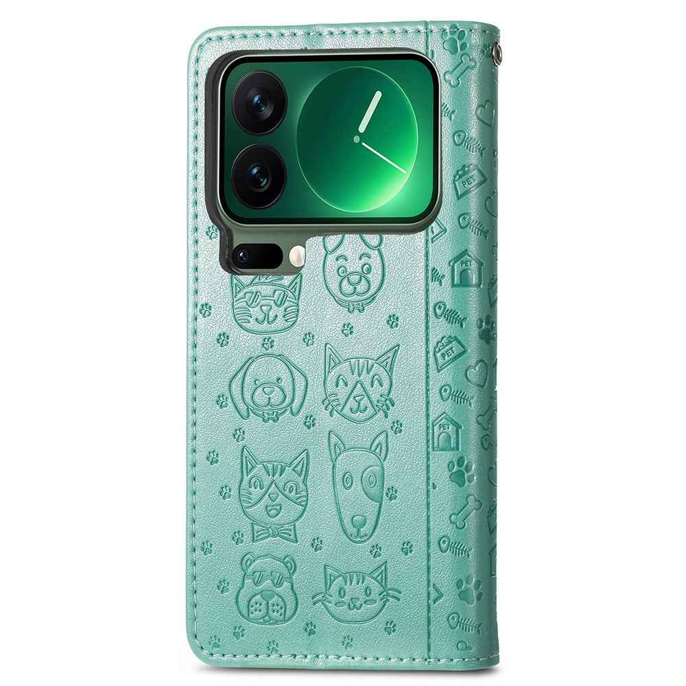 For Xiaomi 17 Pro Case Flip Wallet Leather Phone Cover with Cute Cat Dog Pattern - Green