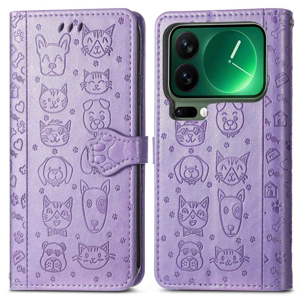For Xiaomi 17 Pro Case Flip Wallet Leather Phone Cover with Cute Cat Dog Pattern - Light Purple