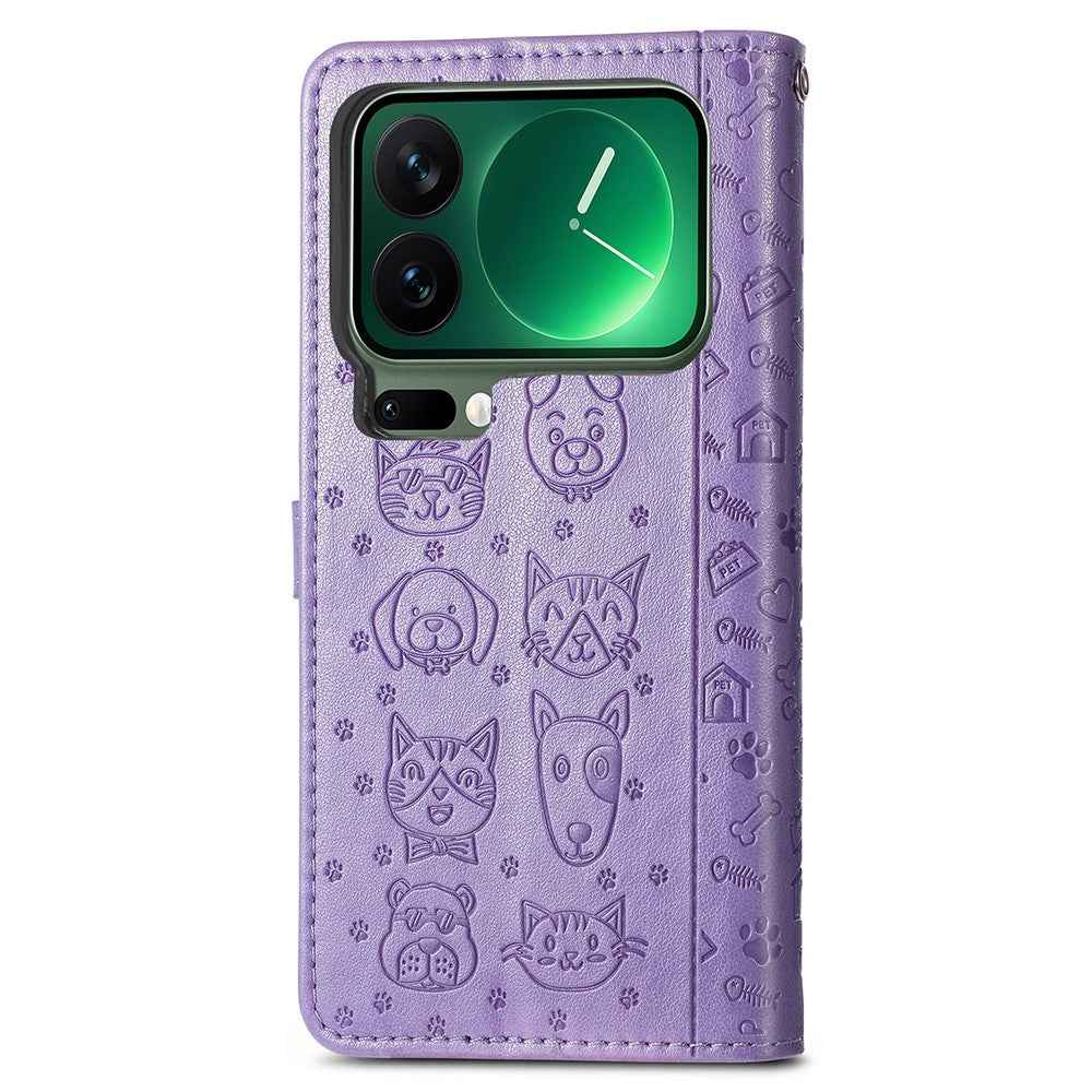 For Xiaomi 17 Pro Case Flip Wallet Leather Phone Cover with Cute Cat Dog Pattern - Light Purple
