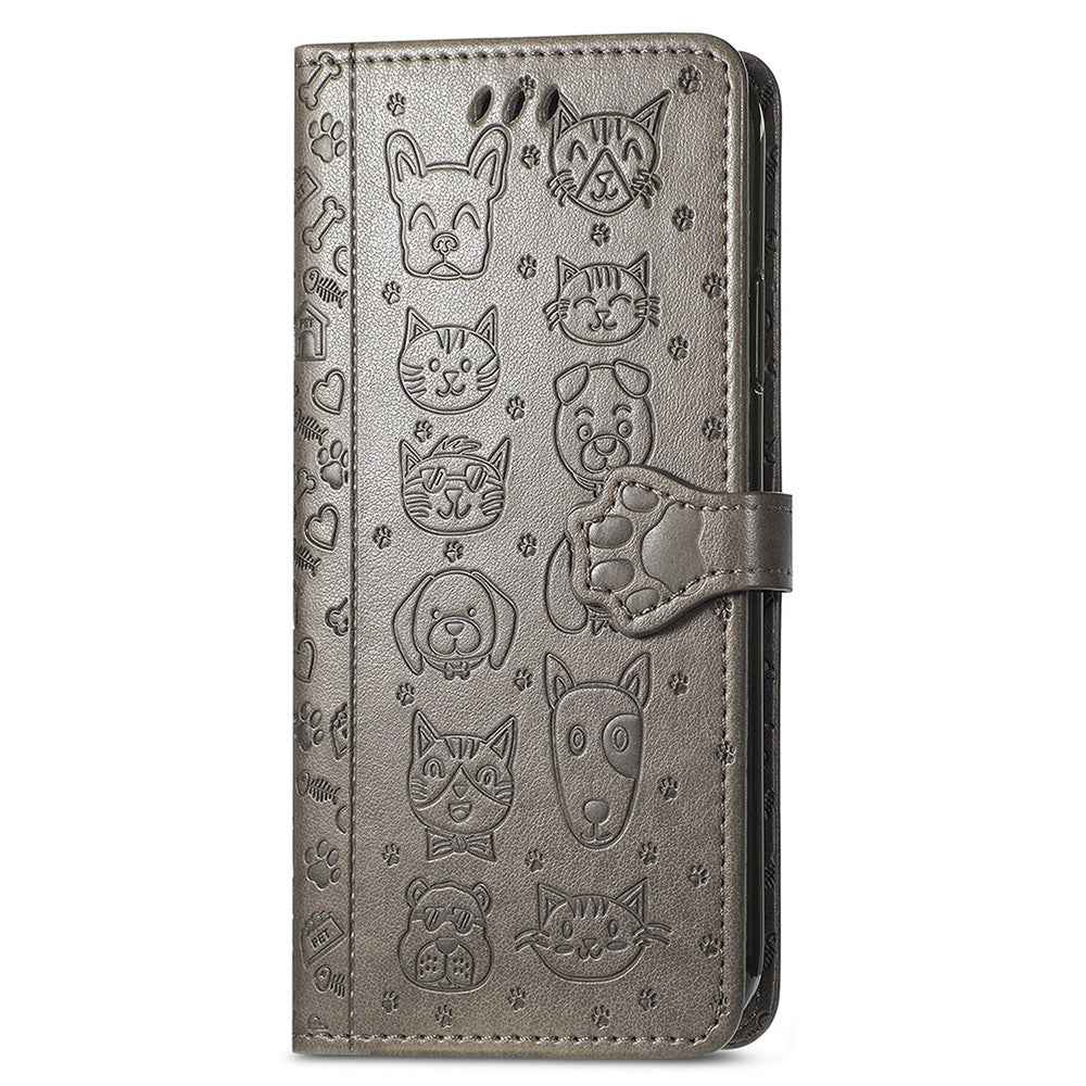 For Xiaomi 17 Pro Case Flip Wallet Leather Phone Cover with Cute Cat Dog Pattern - Grey
