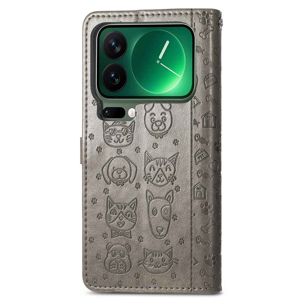 For Xiaomi 17 Pro Case Flip Wallet Leather Phone Cover with Cute Cat Dog Pattern - Grey