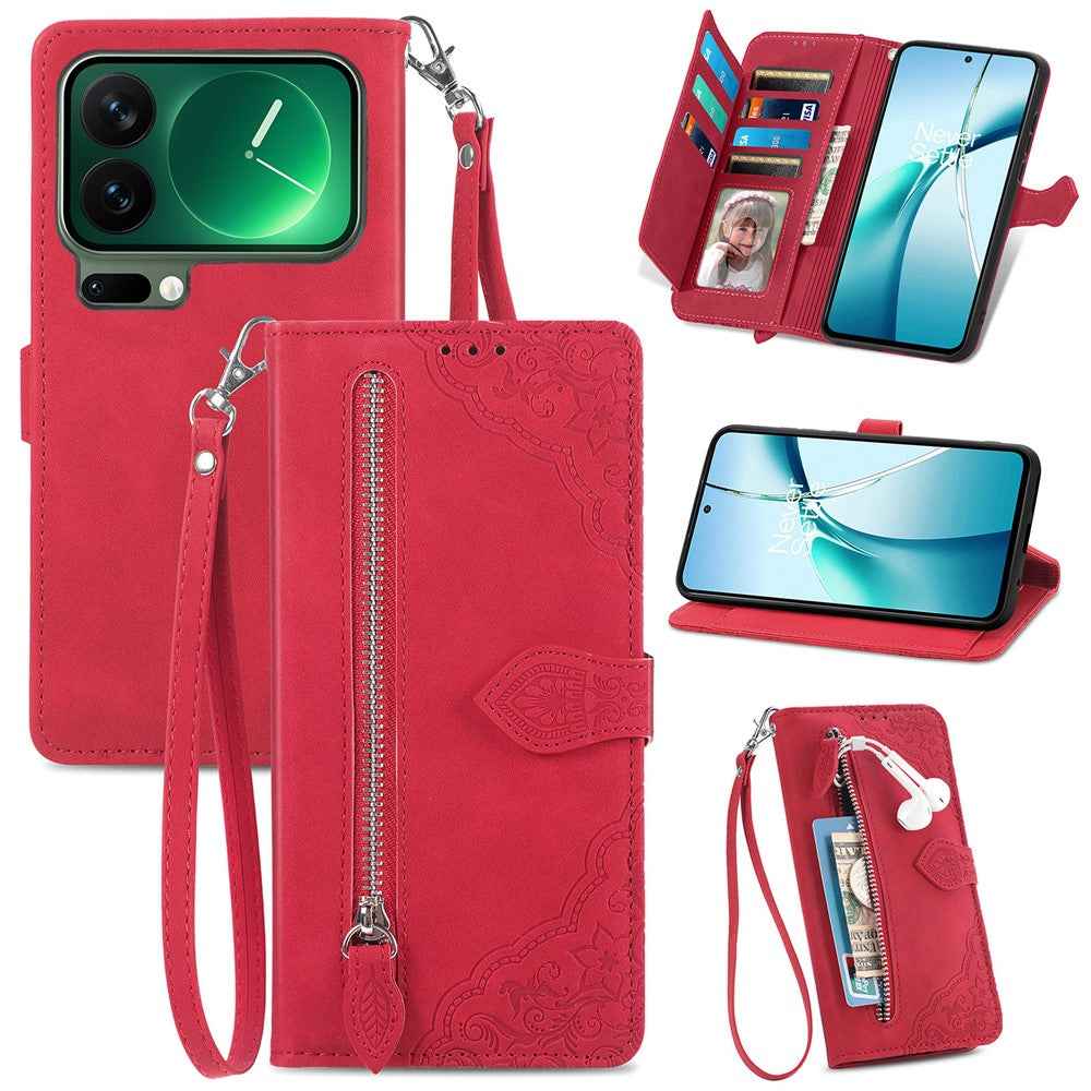 For Xiaomi 17 Pro Zipper Wallet Case with Strap Flower Imprint PU Leather Phone Cover - Red