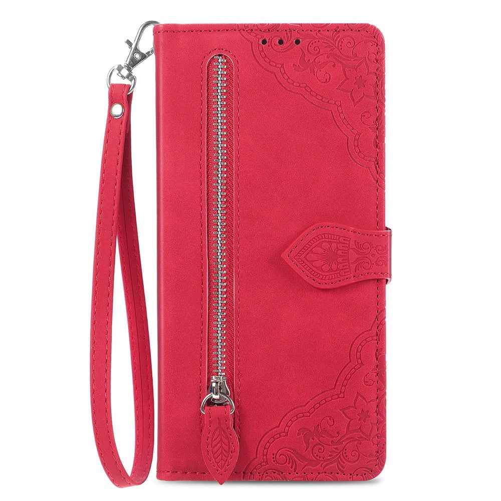 For Xiaomi 17 Pro Zipper Wallet Case with Strap Flower Imprint PU Leather Phone Cover - Red
