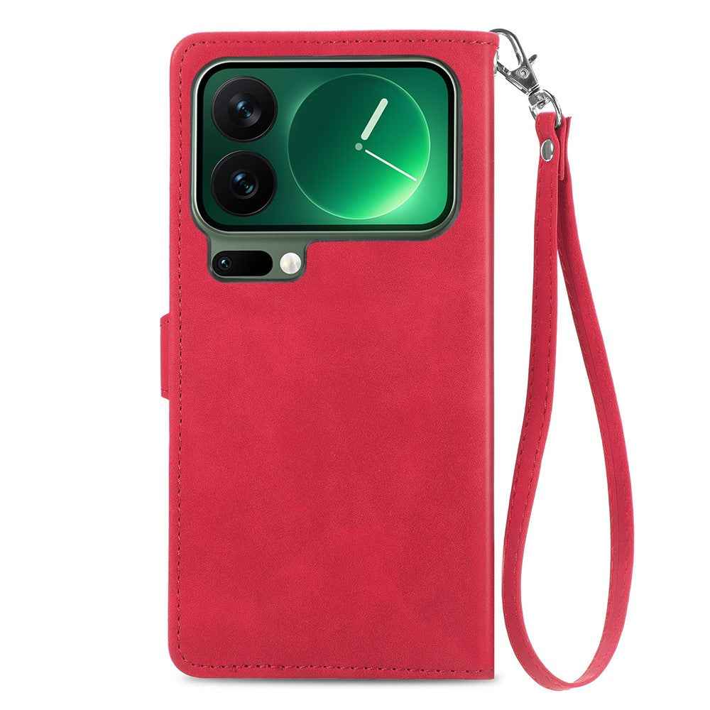 For Xiaomi 17 Pro Zipper Wallet Case with Strap Flower Imprint PU Leather Phone Cover - Red
