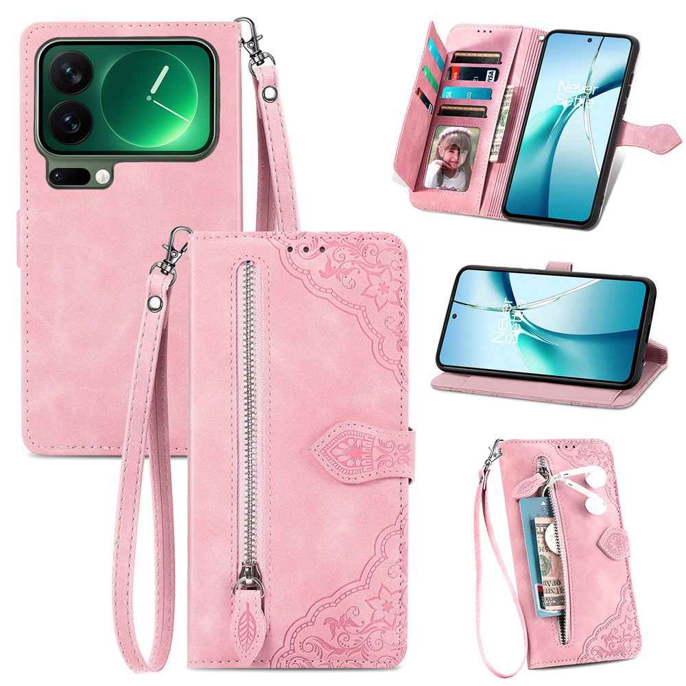 For Xiaomi 17 Pro Zipper Wallet Case with Strap Flower Imprint PU Leather Phone Cover - Pink