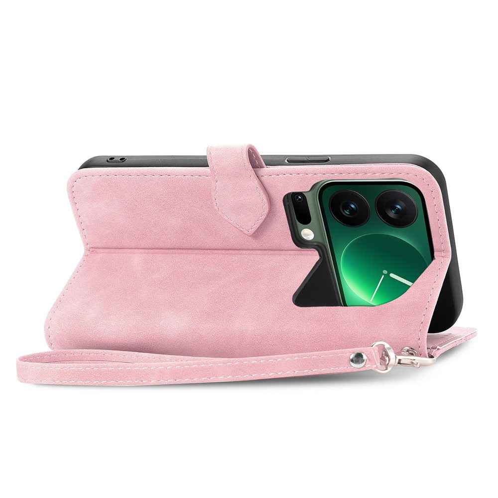 For Xiaomi 17 Pro Zipper Wallet Case with Strap Flower Imprint PU Leather Phone Cover - Pink
