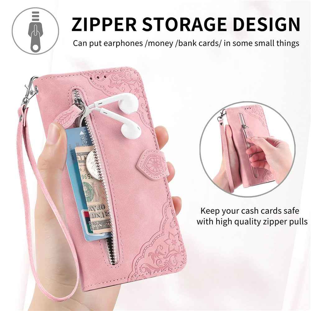 For Xiaomi 17 Pro Zipper Wallet Case with Strap Flower Imprint PU Leather Phone Cover - Pink