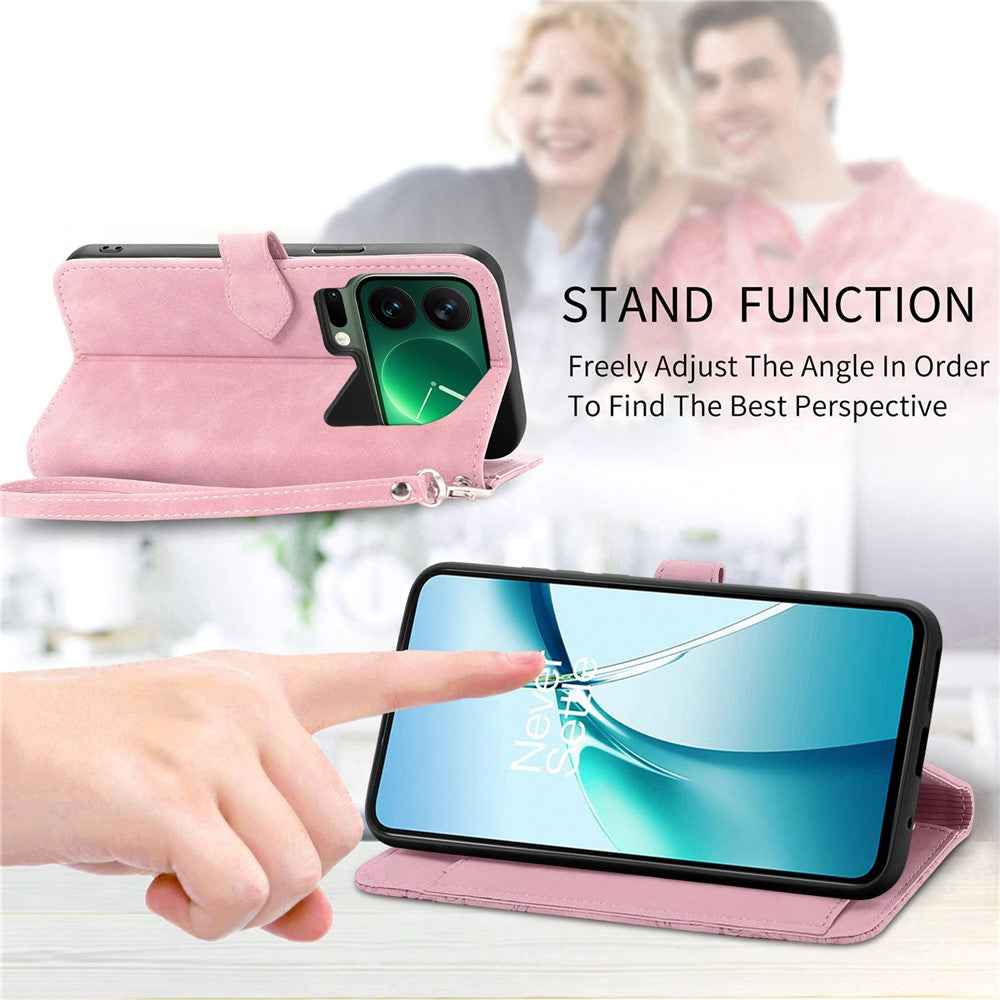 For Xiaomi 17 Pro Zipper Wallet Case with Strap Flower Imprint PU Leather Phone Cover - Pink