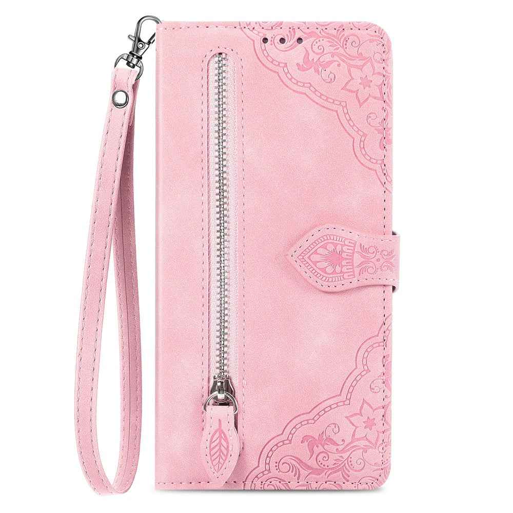 For Xiaomi 17 Pro Zipper Wallet Case with Strap Flower Imprint PU Leather Phone Cover - Pink