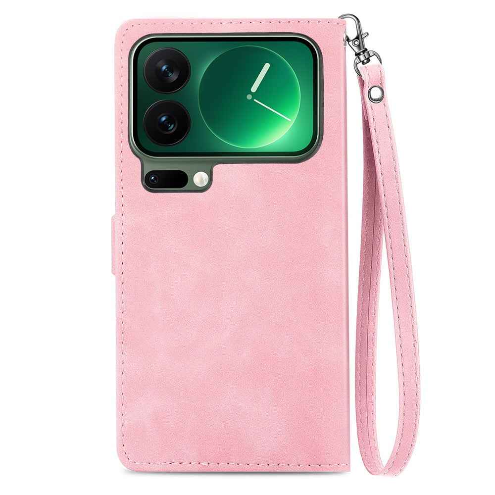 For Xiaomi 17 Pro Zipper Wallet Case with Strap Flower Imprint PU Leather Phone Cover - Pink