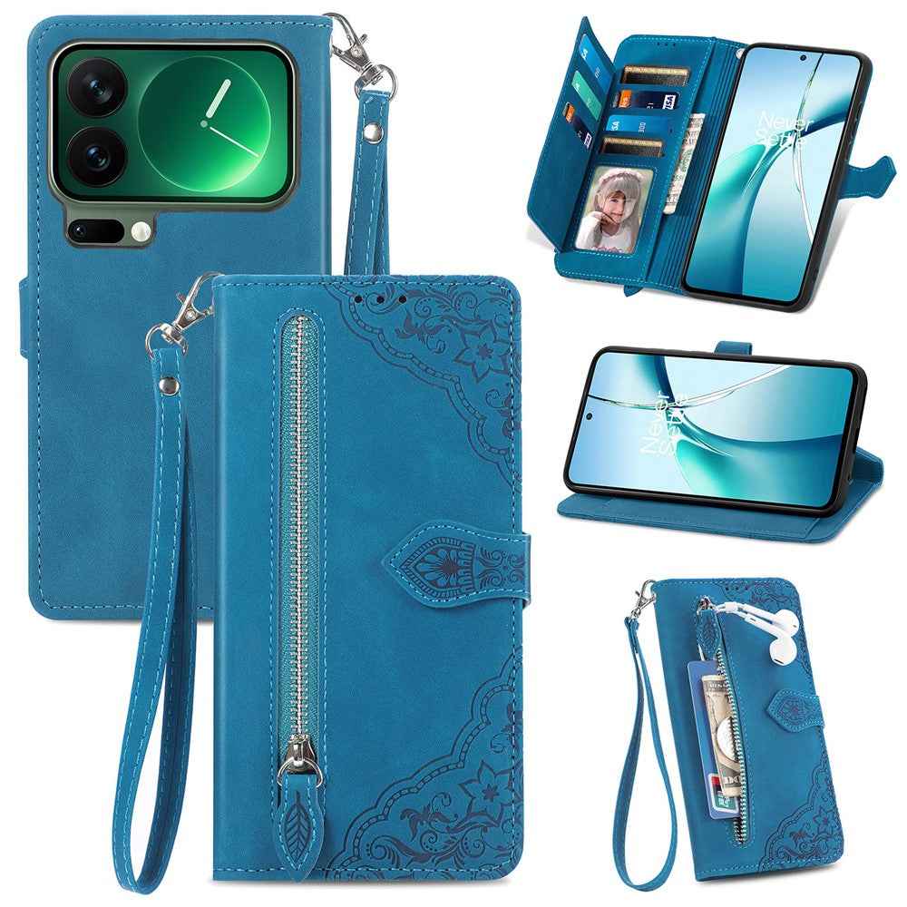 For Xiaomi 17 Pro Zipper Wallet Case with Strap Flower Imprint PU Leather Phone Cover - Blue