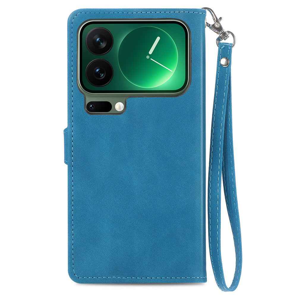 For Xiaomi 17 Pro Zipper Wallet Case with Strap Flower Imprint PU Leather Phone Cover - Blue
