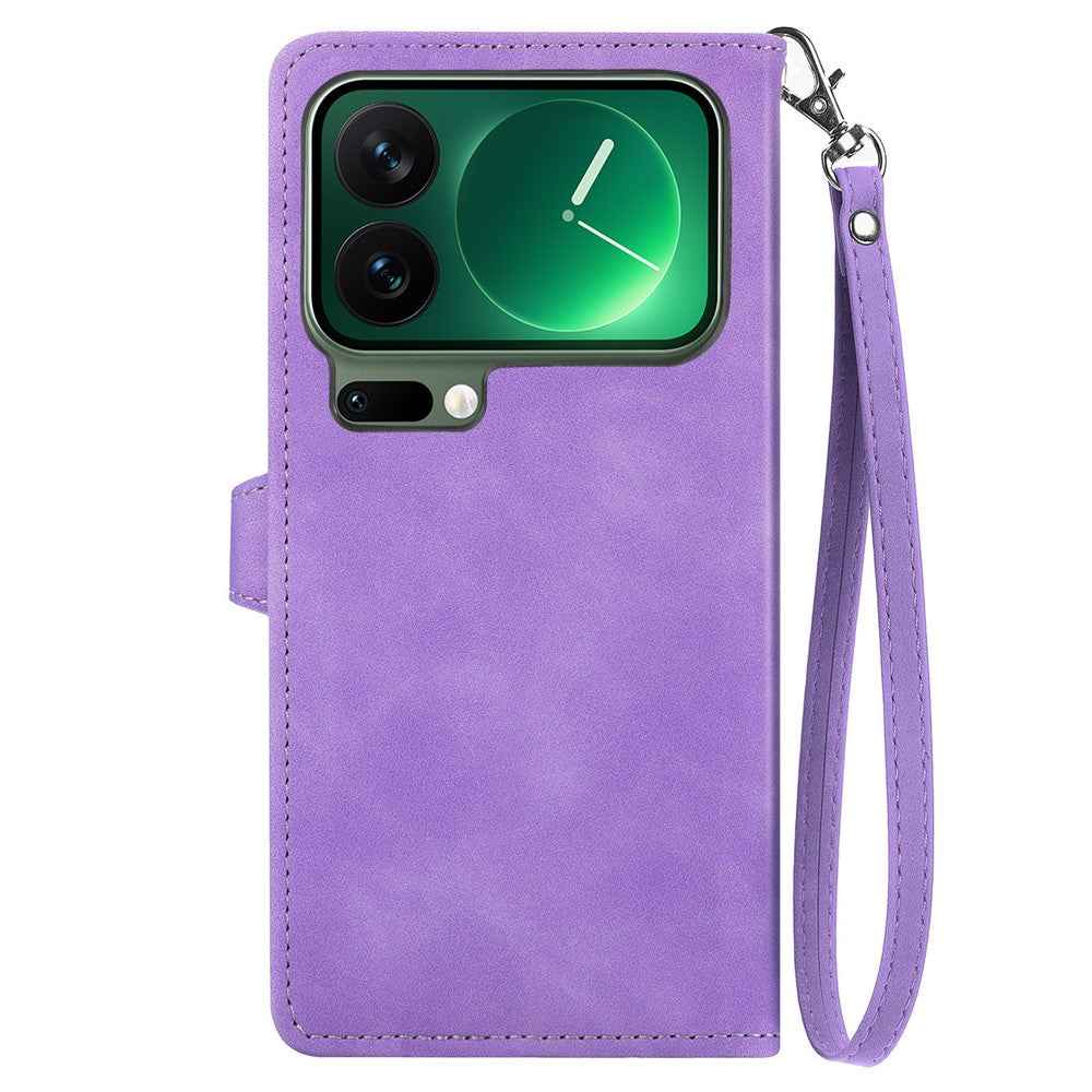 For Xiaomi 17 Pro Zipper Wallet Case with Strap Flower Imprint PU Leather Phone Cover - Light Purple