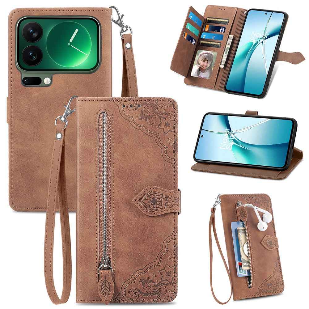 For Xiaomi 17 Pro Zipper Wallet Case with Strap Flower Imprint PU Leather Phone Cover - Brown