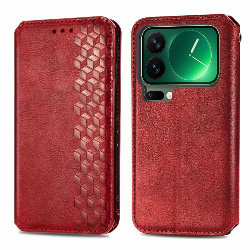 For Xiaomi 17 Pro Case Rhombus Imprint PU Leather Wallet Phone Cover - Red