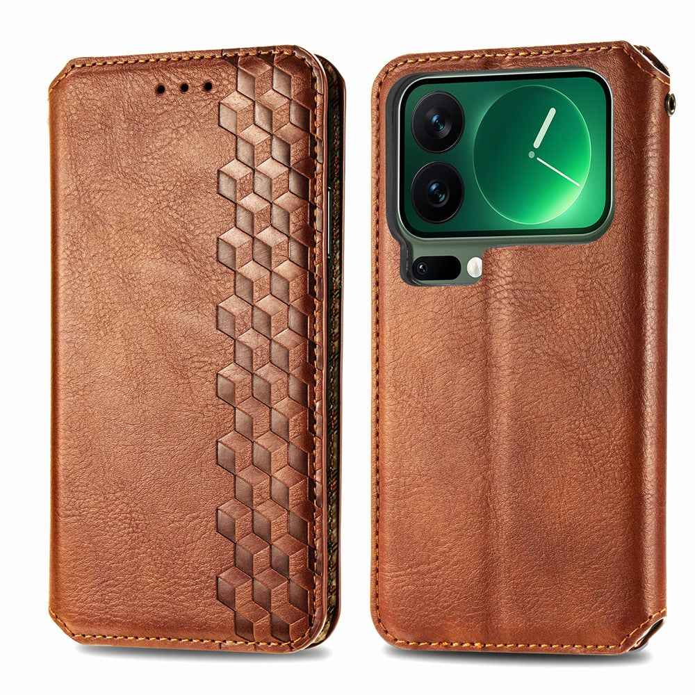 For Xiaomi 17 Pro Case Rhombus Imprint PU Leather Wallet Phone Cover - Brown